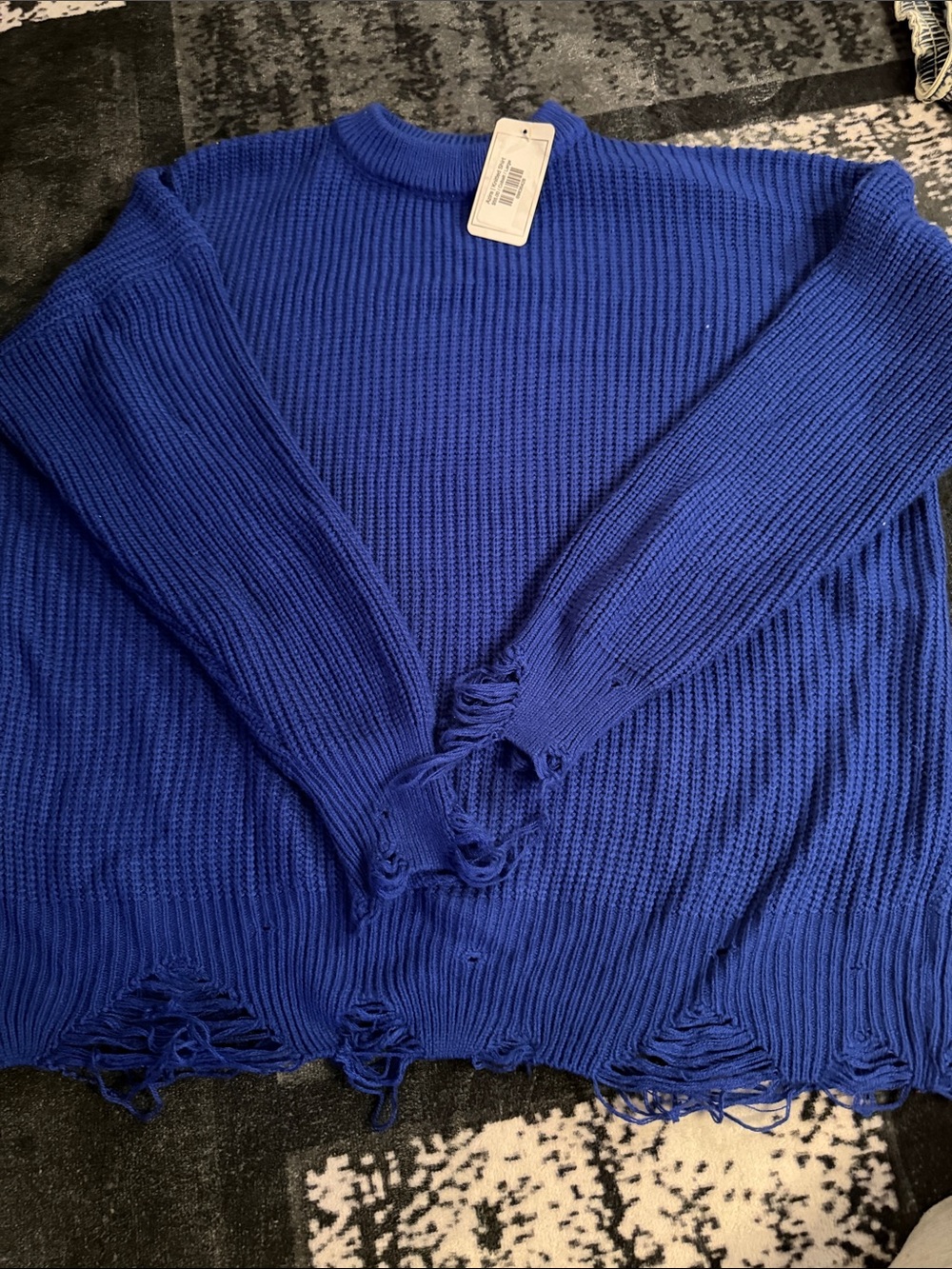 Distressed Royal Blue Ribbed Crewneck Sweater - Women